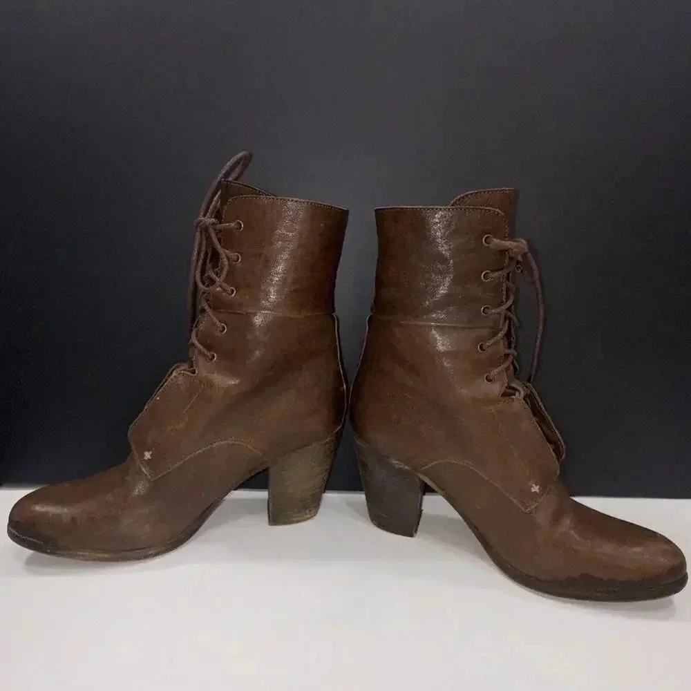 Rag & Bone Heeled Brown Boho Classic Designer Lace Up Italian Leather Boots 39.5